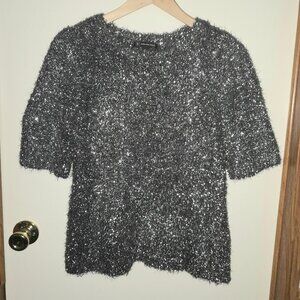 INC International Concepts Black & Silver Gunmetal Metallic Tinsel Shirt Size L